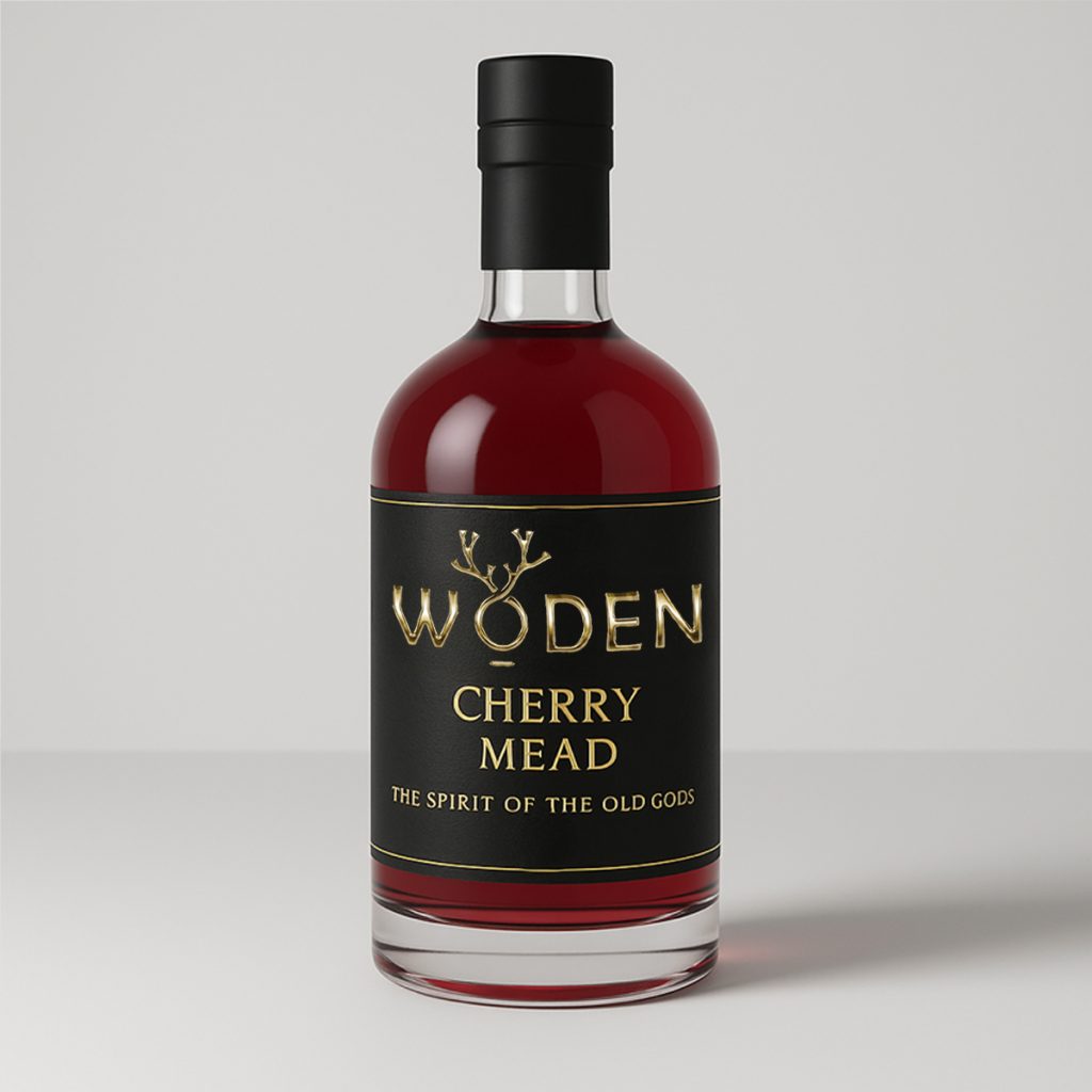 Bottle of Woden Cherry Mead with black and gold label, filled with deep red artisan mead, photographed against a neutral background.