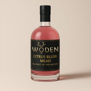 Bottle of Woden Citrus Blush Mead with pink-gold tones, black and gold label, and artisan mead inspired by wildflower honey and citrus zest.