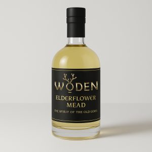 Bottle of Woden Elderflower Mead with pale golden liquid and black and gold label, showcasing floral artisan mead made with wildflower honey and elderflower.