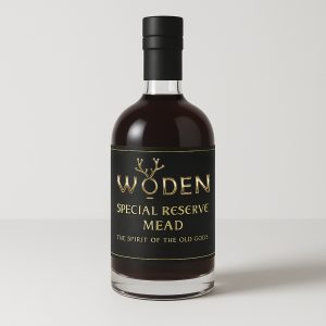 Bottle of Woden Special Reserve Mead with deep amber mead and a black and gold label, showcasing a rich, oak-aged artisan honey mead.