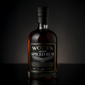 Bottle of Woden Artisan Spiced Rum with black label and wax seal, photographed against a neutral background.