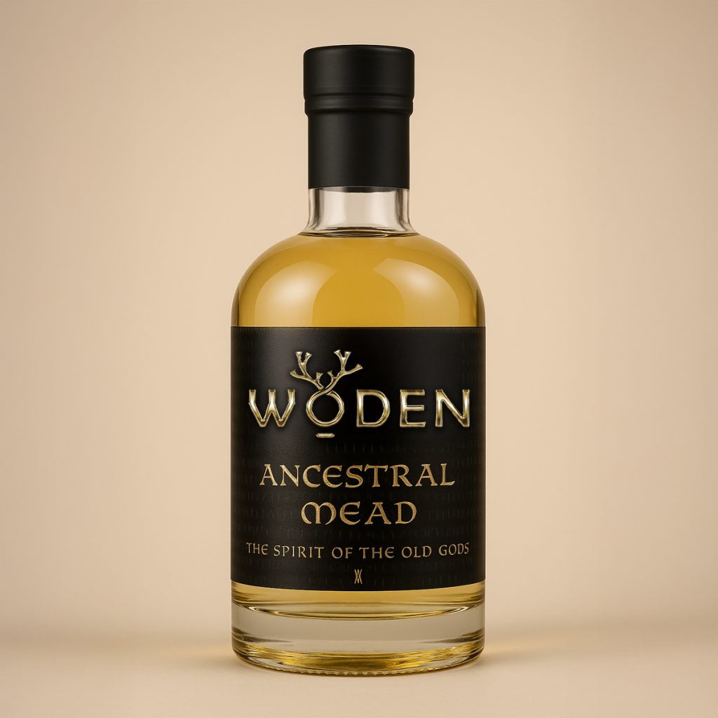 • Bottle of Woden Ancestral Mead with golden honey colour • Oak-aged wildflower mead in clear glass bottle • Traditional Norse-style mead with gold label • Artisan honey mead with vanilla and caramel notes