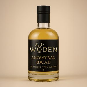 • Bottle of Woden Ancestral Mead with golden honey colour • Oak-aged wildflower mead in clear glass bottle • Traditional Norse-style mead with gold label • Artisan honey mead with vanilla and caramel notes