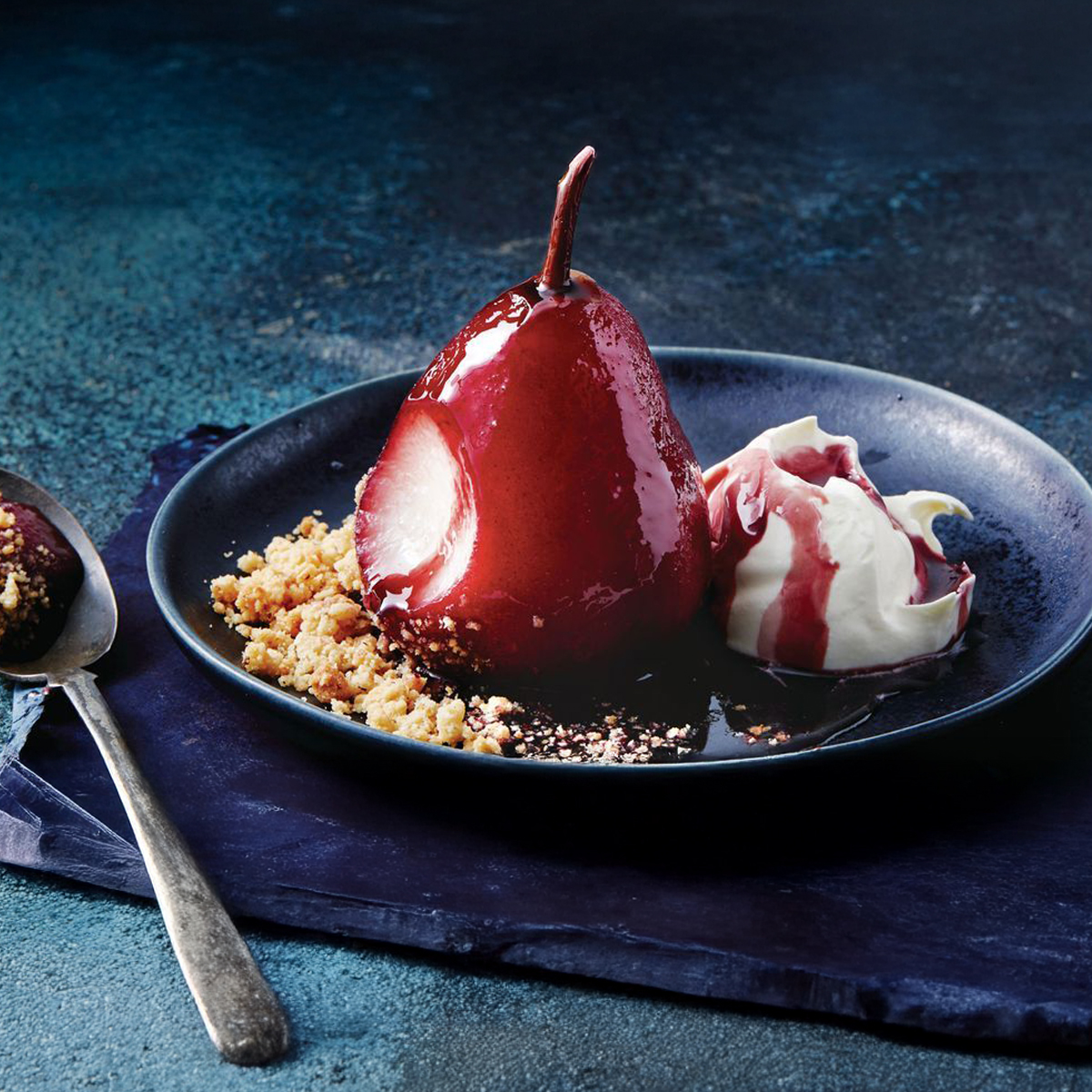 Cherry Mead Poached Pears with Honey and Almond Crumble