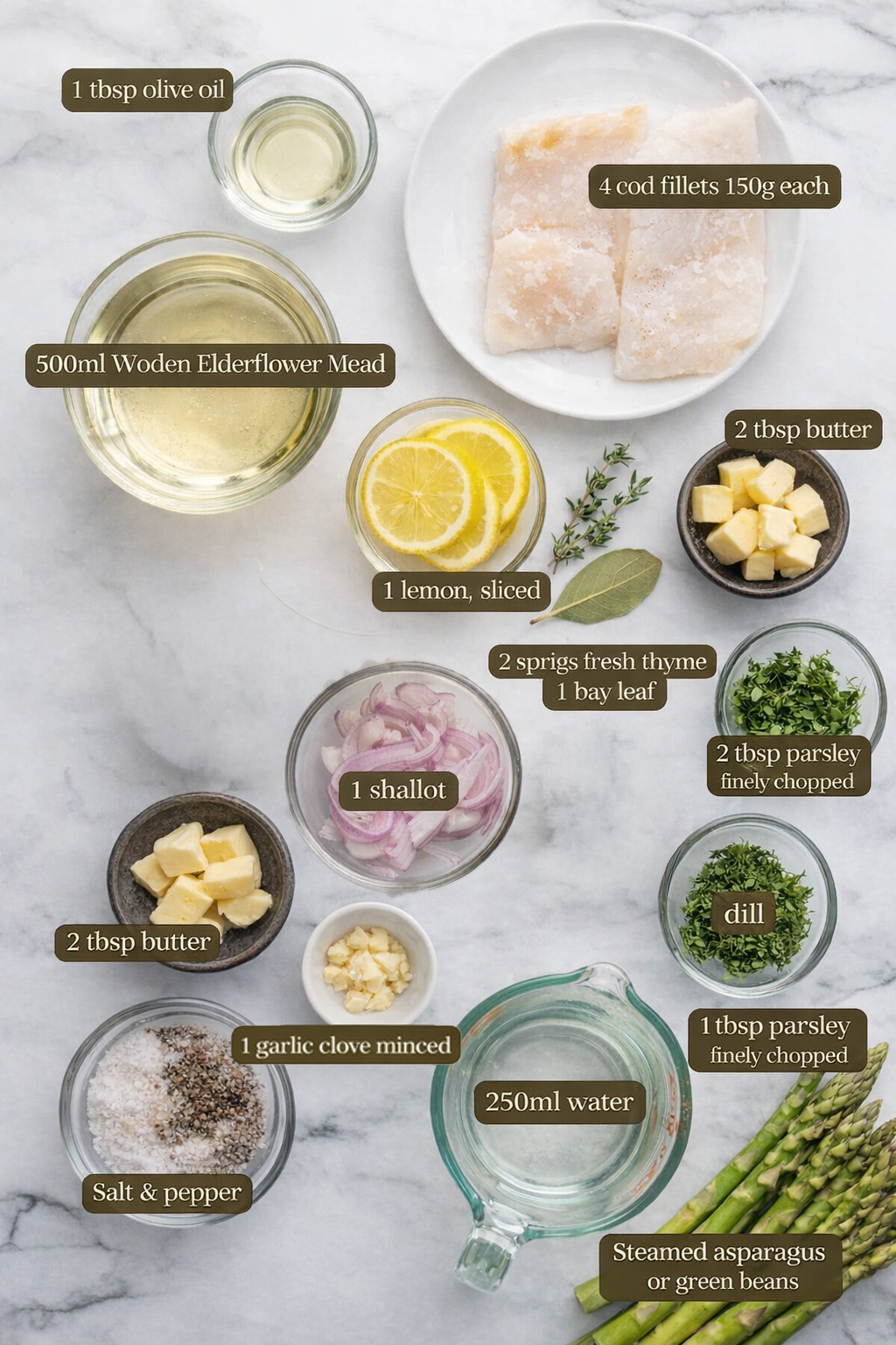 Ingredients for Elderflower Mead Poached Cod laid out visually