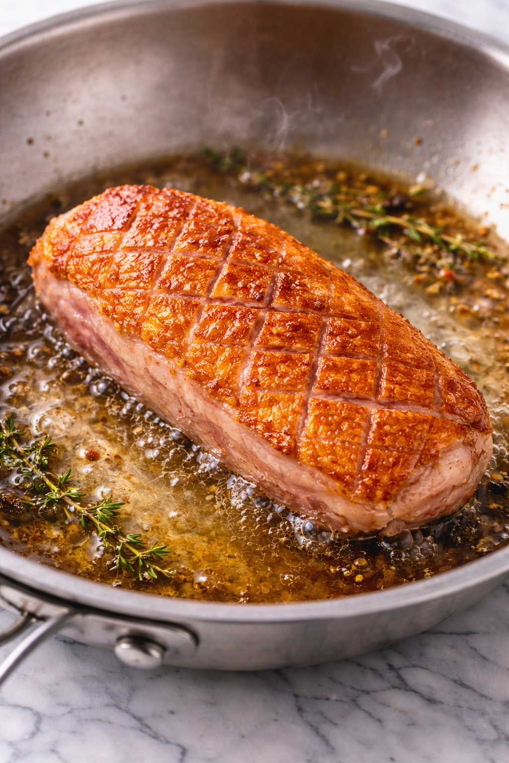 Duck breasts cooking in a pan